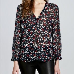 JOIE 100% Silk Navy Blue Red Silk Leaf Floral V-Neck Blouse Long Sleeve Top